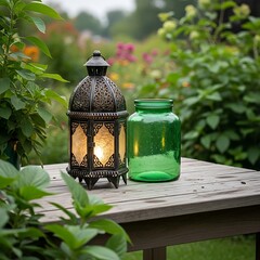 A decorative, ornate metal lantern with warm, inviting light sits beside a glass jar on a weathered wooden table amidst lush greenery.