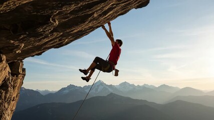 A determined rock climber skillfully ascends a vertical cliff face, showcasing strength and perseverance against a backdrop of breathtaking mountain scenery and a clear sky.