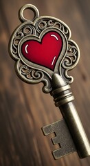 An ornate antique key, intricately designed, displays a vibrant red heart, evoking a sense of romanticism and nostalgia on a wooden background.