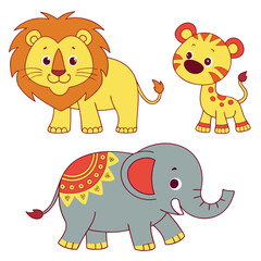 Obraz premium Animated lion, yellow giraffe, and grey elephant stand cheerfully on a transparent background
