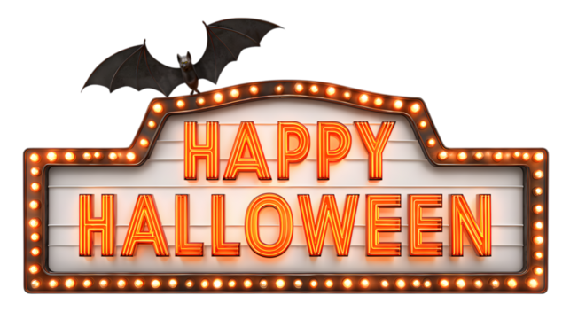 Happy Halloween sign with bat, vintage marquee lights, glowing neon, spooky holiday celebration isolated on white background - Powered by Adobe