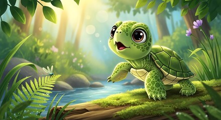 A delightful, vibrant illustration showcases a cheerful little turtle exploring a lush forest stream bed.