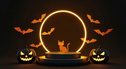 Spooky Halloween Display with Glowing Pumpkins and Black Cat Silhouette
