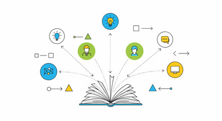 Book With Connected Icons Symbolizing Knowledge And Information Transfer