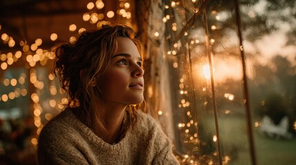 A woman hanging Halloween lights near a window