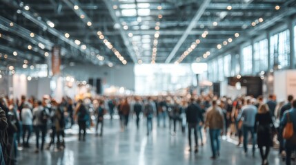 A large crowd of people gathers inside a spacious, brightly lit convention or exhibition hall with high ceilings and industrial lighting.
