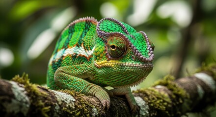 Vibrant Green Chameleon with Intricate Scales on Mossy Branch in Lush Natural Habitat, Detailed Close-up