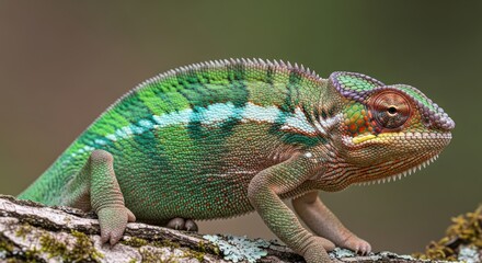 Obraz premium Vibrant Panther Chameleon with Intricate Scales and Polychromatic Skin on a Mossy Branch, Captured in a Detailed Macro Wildlife Close-up