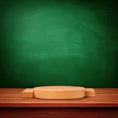 Wooden podium on a wooden table in front of a green chalkboard