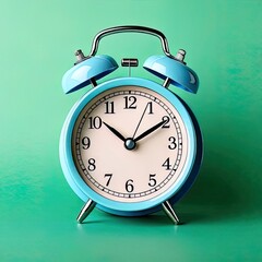 Light blue alarm clock on mint green backdrop