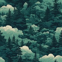 A repeating pattern of dark teal forest with pale clouds