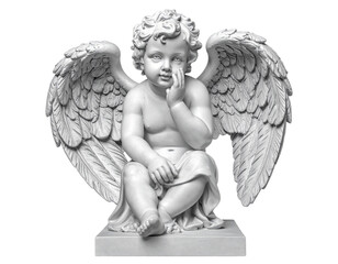 Antique marble cherub sculpture in seated pose isolated on transparent background PNG