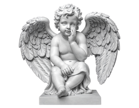 Antique marble cherub sculpture in seated pose isolated on transparent background PNG - Powered by Adobe