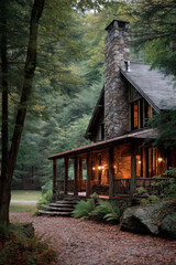 A cabin with a stone chimney in the woods. A warm light spills onto the porch