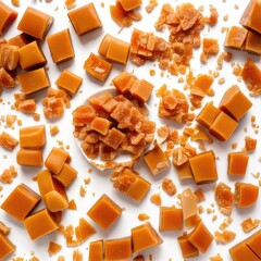 Caramel candies scattered on white surface