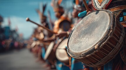 A close-up of a traditional drum being played by a person in colorful cultural attire during an outdoor parade or festival.