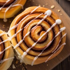 Close-up view of a delicious cinnamon roll, glistening with a sweet icing drizzle, showcasing its spiral design and golden-brown hue.