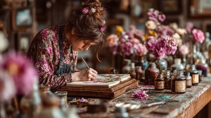 A young woman sketching flowers on a notebook