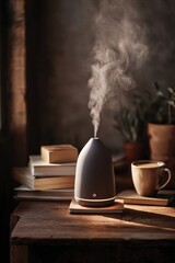 Aromatherapy Diffuser on Wooden Desk with Steam and Books.