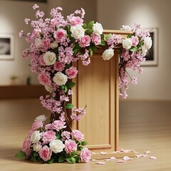 A light wooden podium adorned with cascading arrangements of pink and white roses and cherry blossoms creates a romantic and elegant display.