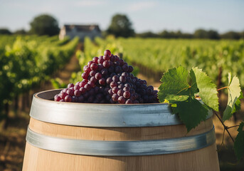 Red Grapes in Oak Barrel, Vineyard Background, Rustic Autumn Harvest, Winemaking Imagery