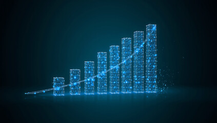 Obraz premium Glowing blue digital bar chart representing growth and success in a dark futuristic environment