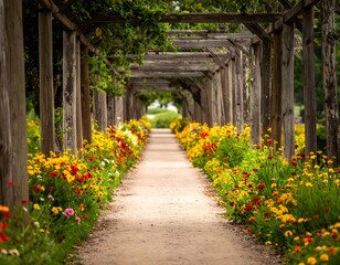 Fototapeta premium Flower-Lined Path Under Wooden Pergola