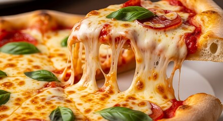 Close-up view of a pizza slice with melted mozzarella cheese, showcasing the appetizing texture and vibrant colors.