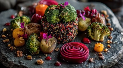 Artistic Vegetable Dish with Broccoli, Beets, and Quinoa on Stone.