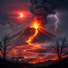 A dramatic volcano erupts with molten lava flows, a fiery sun, and dramatic lightning against a twilight sky.