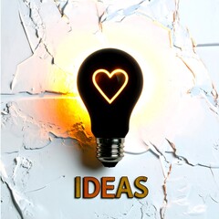 Illuminated lightbulb with heart, textured background, and word "ideas