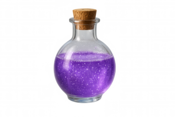 Glass flask with cork containing purple sparkling liquid, isolated on transparent background, ideal for fantasy and magic concepts