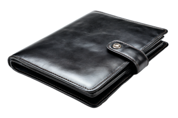 a black leather wallet with a button on the front