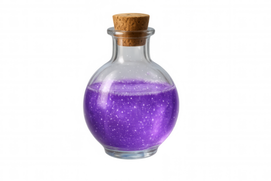 Glass flask with cork containing purple sparkling liquid, isolated on transparent background, ideal for fantasy and magic concepts