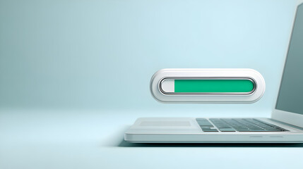 a laptop with a loading bar, symbolizing progress and technology. The laptop sits on a light blue surface, with a glowing green progress bar
