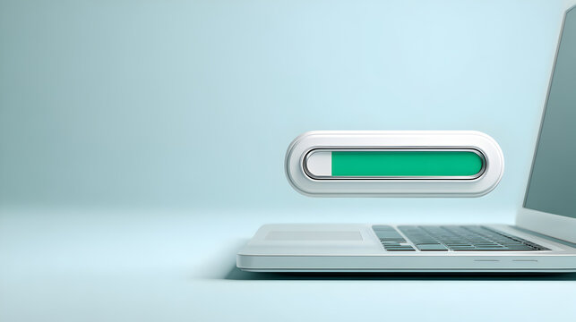 a laptop with a loading bar, symbolizing progress and technology. The laptop sits on a light blue surface, with a glowing green progress bar
