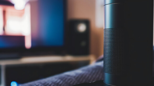 Close-up of a smart speaker on a couch with a blurred television in the background