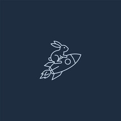 Rabbit riding a rocket creative space line art minimalist logo.