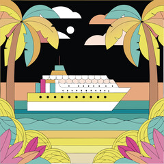 Tropical Cruise Ship Getaway Artistic Illustration Featuring Palm Trees, Ocean Waves, and a Vibrant Color Palette for a Relaxing Vacation