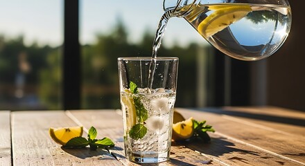 Refreshing citrus-infused water is poured into a glass with ice and mint on a wooden table outdoors.