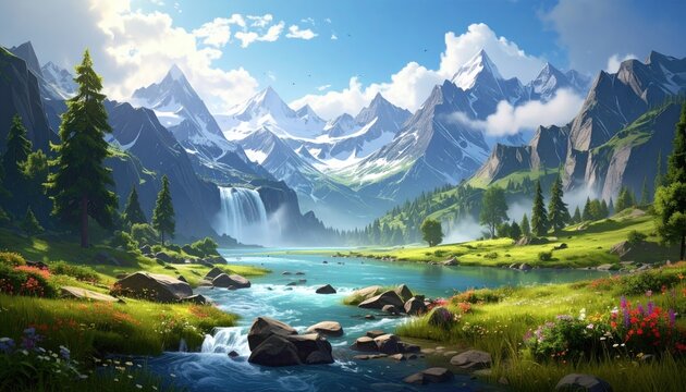 Lush alpine valley with a sparkling lake and cascading waterfall beneath snow-capped peaks