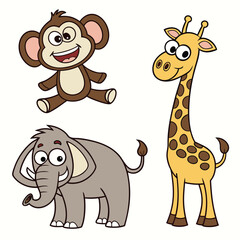 Obraz premium Smiling cartoon monkey floats beside a giraffe and elephant with transparent background