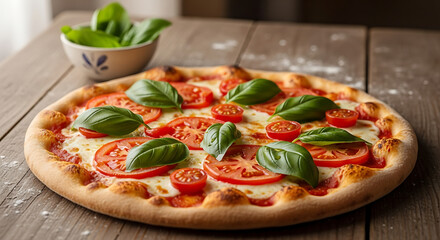 A vibrant Margherita pizza with tomatoes and basil resting on a wooden table