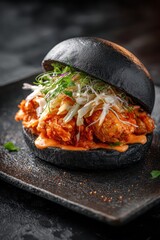 Delicious Black Bun Pulled Chicken Sandwich with Sprouts.