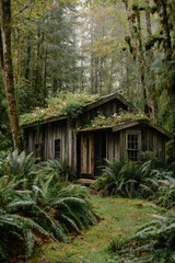 A forest cabin surrounded by ferns and moss. The wooden walls are weathered but strong