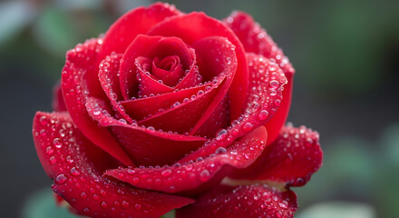 A close-up of a red rose sparkling with water droplets

