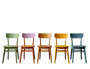 Five colorful children's chairs in a row