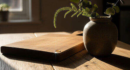A wooden cutting board and vase with leaves bathed in sunlight
