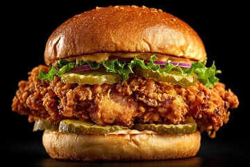 Delicious Crispy Chicken Sandwich with Pickles and Lettuce on a Sesame Seed Bun.