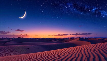 Night desert landscape with crescent moon and stars